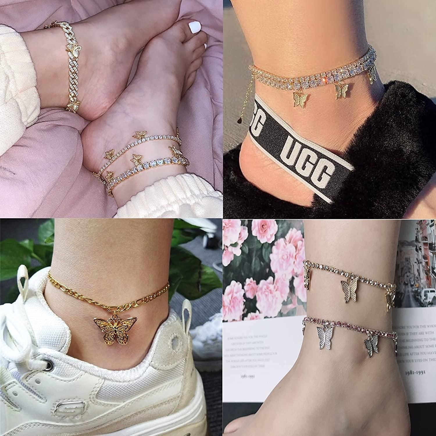 Butterfly Ankle Bracelets for Women Boho Beach Charms Rhinestone Tennis Anklets Stainless Layered Adjustable Chain Anklets Foot 2-3pcs 468656431