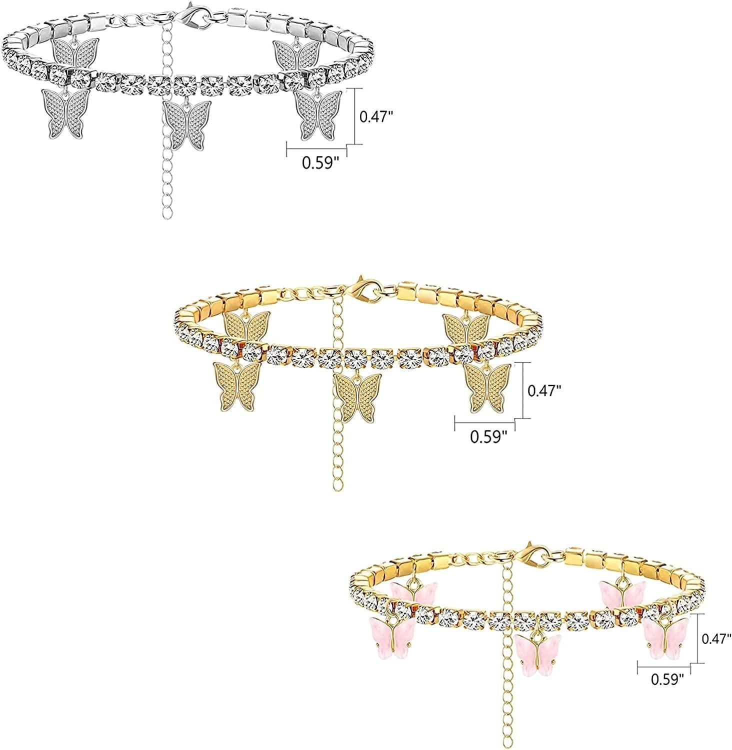 Butterfly Ankle Bracelets for Women Boho Beach Charms Rhinestone Tennis Anklets Stainless Layered Adjustable Chain Anklets Foot 2-3pcs 468656421