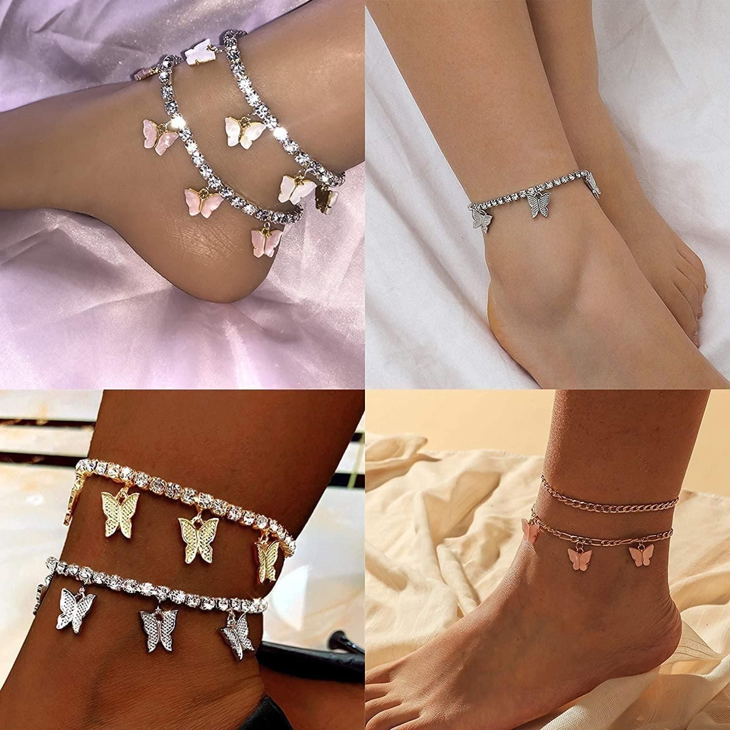 Butterfly Ankle Bracelets for Women Boho Beach Charms Rhinestone Tennis Anklets Stainless Layered Adjustable Chain Anklets Foot 2-3pcs 468656441