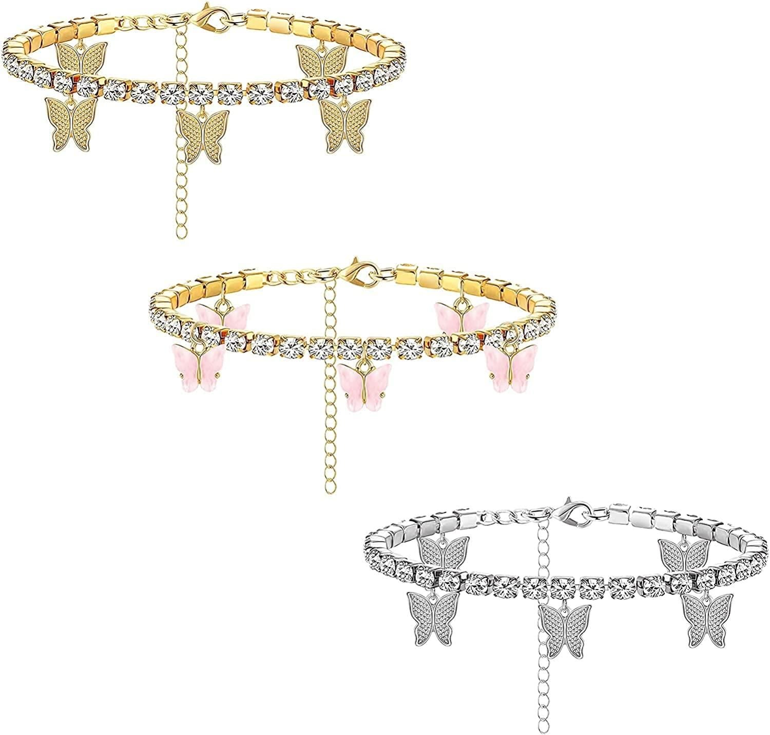 Butterfly Ankle Bracelets for Women Boho Beach Charms Rhinestone Tennis Anklets Stainless Layered Adjustable Chain Anklets Foot 2-3pcs 468656411
