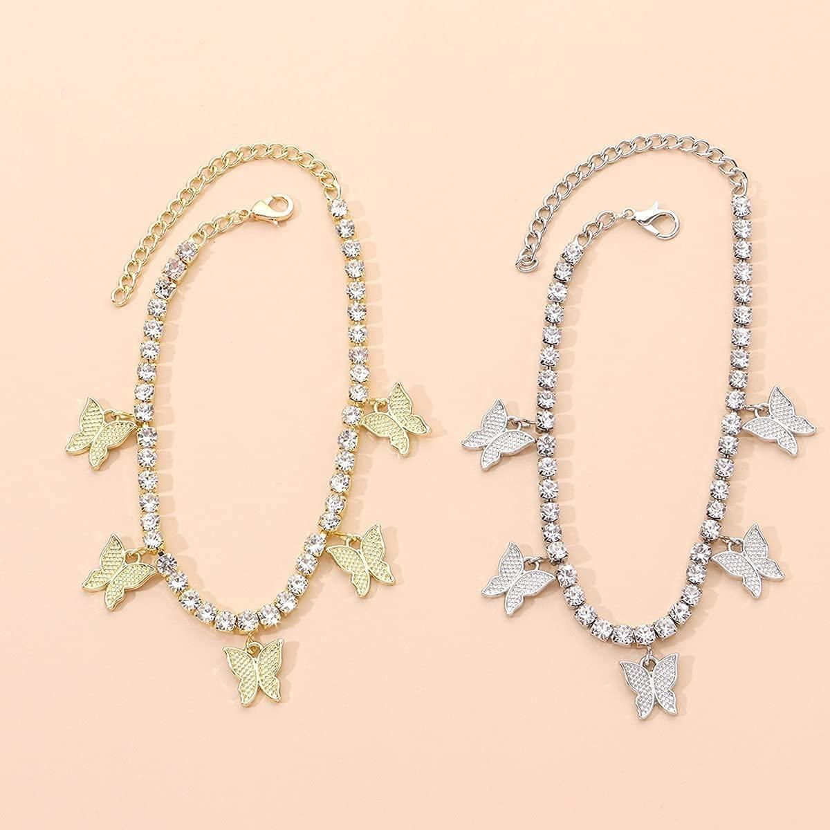Butterfly Ankle Bracelets for Women Boho Beach Charms Rhinestone Tennis Anklets Stainless Layered Adjustable Chain Anklets Foot 2-3pcs 468656461