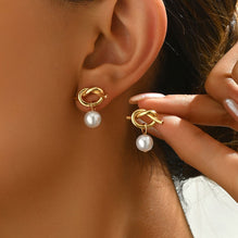 Lxalry Liquid Gold Knot & Pearl Stud Earrings