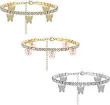 Butterfly Ankle Bracelets for Women Boho Beach Charms Rhinestone Tennis Anklets Stainless Layered Adjustable Chain Anklets Foot 2-3pcs